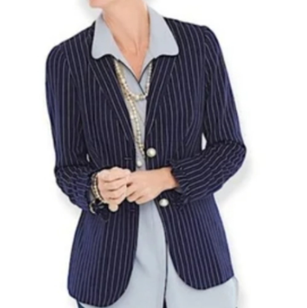 Chico's Pinstripe Pearl Button Sweater Knit Blazer Womens Size 2 (12-14)